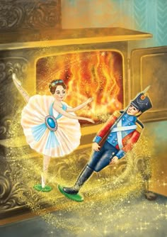 a painting of a man and woman dancing in front of a fire place with an oven