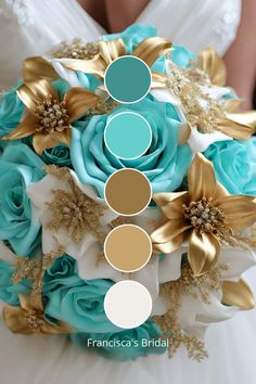 a bridal bouquet with blue roses and gold accents on it, including the bride's bouquet