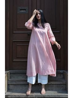 Buy HOUSE OF MOXA Coral Stripe A Line Kurta In Handwoven Cotton Online Round Kurta Designs, Cotton Round Kurti Designs, Everyday Suits Indian, Cotton Suits For College, Everyday Kurta Outfits, New Style Kurti Design 2024, Frock Type Kurti Designs, Cotton A Line Kurti Designs, A Line Suit Designs