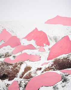 pink and brown shapes in the snow on top of a mountain