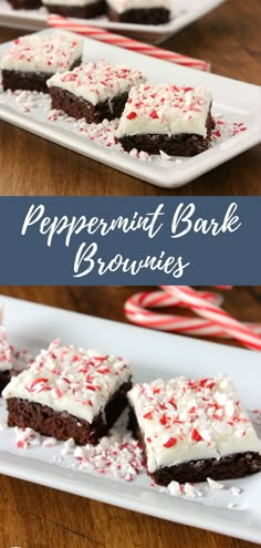 Peppermint bark brownies on a white rectangular serving tray. Peppermint Desserts Easy, Holiday Brownie Recipes, Peppermint Bark Brownies, Holiday Dessert Drinks, Holiday Brownies, Chocolate Peppermint Brownies, Desert Bars