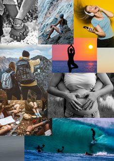 a collage of photos with people surfing and holding hands