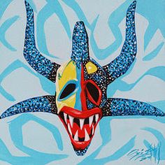 a painting of a mask with blue and yellow colors