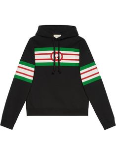 black/green/red organic cotton horizontal stripe print drawstring hood long sleeves POSITIVELY CONSCIOUS: This product contains organic cotton where the cultivation and manufacturing process restricts the use of chemicals, eliminate pesticides or artificial fertilizers and incorporate methods that respect biodiversity, improve soil quality, and reduce water consumption. Gucci Hoodie, Gucci Shirt, Louis Vuitton Shirt, Improve Soil Quality, Gucci Mane, Black Felt, Gucci Black, Print Sweatshirt, Red And White Stripes