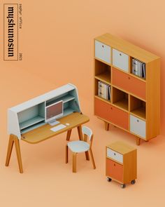 an orange and white computer desk next to a wooden bookcase with two drawers on each side