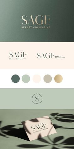 the logo for sagi beauty collective is shown in gold and green tones, with shadows on