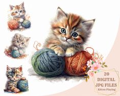 the kittens are playing with balls of yarn