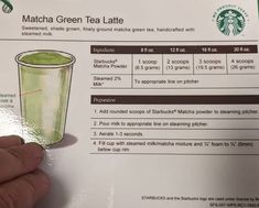 the starbucks green tea latte is being held up by someone's hand, with instructions on how to make it