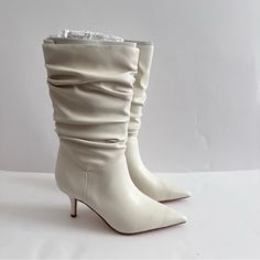 Marc Fisher Ivory Manya Ruched Faux Leather Poinred Toe Mid Calf Boots Size 6 New Have Been Tried On No Flaws No Box No Holds No Trades No Modeling Check Out Other Items In My Closet, Bundle And Save On Shipping Chic Cream Pointed Toe Mid-calf Boots, Chic Cream Leather Mid-calf Boots, Spring Cream Mid-calf Boots With Pointed Toe, Cream Mid-calf Boots With Pointed Toe For Spring, Cream Mid-calf Boots For Spring, Marc Fisher Boots, Raffia Sandals, Studded Ankle Boots, Pointy Toe Heels