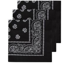 three black bandannas with white paisley designs