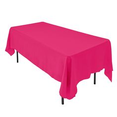 a bright pink tablecloth is draped over the top of a black metal leg table