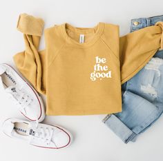 Be the Good Sweatshirt - Weekend Sweatshirt - Comfy Sweatshirt - Bella Canvas Sweatshirt - Bella Canvas - Gifts for Her - Summer Sweatshirt Our best-selling Bella canvas sweatshirt is the must-have piece you'll turn to time after time. Made from a medium weight cotton fabric, it's designed to be a relaxed but not boxy fit for complete comfort! SIZING:  Sweatshirts are Bella + Canvas Unisex and super soft! They run true to size. Please check the sizing guide before ordering.  COLORS: Colors may v Sweatshirt Sleeve Designs, Merchandise Ideas Clothing, Sweatshirt Designs Vinyl, Cricut Sweatshirt Ideas Women, Simple Sweatshirt Design, Cricut Hoodie Ideas, Diy Sweatshirt Ideas, Vinyl Sweatshirt Ideas, Cute Crewneck Sweatshirt