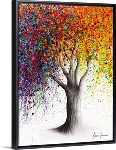 an abstract tree with colorful paint splatters on it