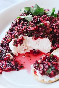 a white plate topped with food covered in cranberry sauce and garnish