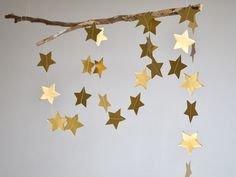 some gold stars hanging from a branch