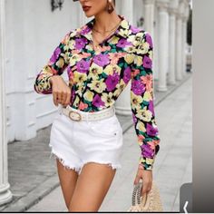 Shein Vcay Full Floral Printed Long Sleeve Women's Shirt Size M New Without Tag #164tt) Trendy Printed Yellow Blouse, Trendy Yellow Printed Blouse, Trendy Yellow Blouse With Floral Print, Yellow Printed Blouse For Day Out, Chic Yellow Fitted Shirt, Chic Fitted Yellow Shirt, Yellow Printed Collared Blouse, Trendy Printed Yellow Shirt, Trendy Yellow Printed Shirt