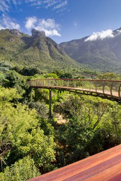 a wooden bridge over a lush green forest filled with trees and mountains in the background