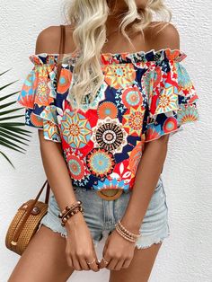 Multicolor Boho Collar Short Sleeve Woven Fabric Floral,Tribal,Plants,All Over Print Top Embellished Non-Stretch  Women Clothing Mode Boho, Fabric Floral, Women Blouses, Summer Style Casual, Estilo Boho, Print Top, Maternity Bag, Ruffle Trim, Print Tops