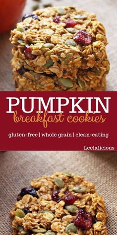 pumpkin breakfast cookies with granola, cranberries and sunflower seeds on top