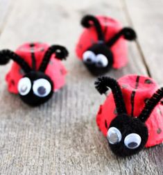 three ladybugs made out of toilet paper sitting on a wooden table with eyes