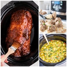 four different pictures showing how to cook meat in the crock pot