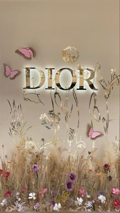 the word dior is surrounded by flowers and butterflies in front of a wall that reads dior