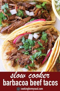 slow cooker barbacoa beef tacos on a white plate