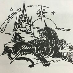 a black and white drawing of a hogwart's castle with a raven on it