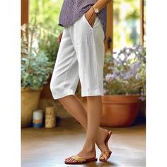 Season:Summer,Spring; Fabric:Polyester,Linen Cotton Blend; Gender:Women's; Style:Basic,Casual; Elasticity:Micro-elastic; Occasion:Daily Wear,Vacation; Fit Type:Regular Fit; Function:Breathability,Soft; Waistline:High Waist; Pattern:Plain; Design:Pocket,Elastic Drawstring Design,High Cut; Pants Type:Pants Trousers,Wide Leg; Front page:FF; Listing Date:05/30/2024; Production mode:External procurement; Hips:; Length:; Waist:; Pants Length:Knee Length Casual Stretch Capris In Solid Color, Summer Non-stretch Knee-length Capris, Loosely Fitted Capris With Pockets, White Knee-length Bottoms With Pockets, White Relaxed Fit Knee-length Bottoms, High Waist Non-stretch Solid Capris, White Knee-length Bottoms With Elastic Waistband, Casual Solid Color Capris For Summer, Casual Knee-length Pants With Pockets