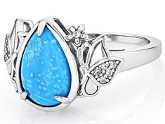 12x8mm Pear Shaped Blue Kingman Turquoise with 0.04ctw Round White Zircon Rhodium Over Sterling Silver Ring. Measures Approximately 0.74"L x 0.55"W. Not Sizeable. Accent Stones Primarily Zircon. Kingman Turquoise, Pear Shaped, Sterling Silver Ring, Silver Ring, Sterling Silver Rings, Pear, Silver Rings, Turquoise, Sterling Silver