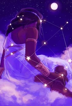 a woman sitting on top of a cloud in the sky with stars above her head