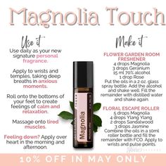 Essential Oil Roll On Perfume Recipes, Magnolia Essential Oil Uses, Magnolia Essential Oil Blends, Dottera Oils, Magnolia Essential Oil, Essential Oil Body Spray