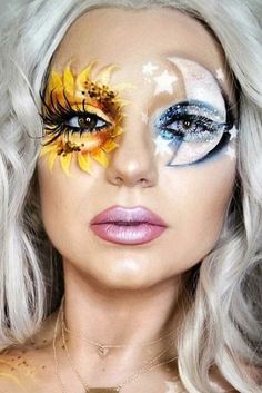 These are our favorite 2017 makeup ideas from PinterestYou need to try these beautiful halloween makeup options Theatrical Makeup Ideas, Fx Makeup Ideas, Celestial Makeup, Extreme Make-up, Sunflower Moon, Moon Makeup, Beautiful Halloween Makeup, Festival Face Paint, Makeup Clown