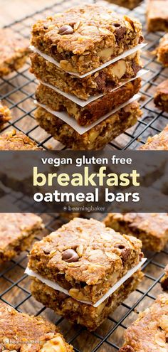 vegan gluten free breakfast oatmeal bars stacked on top of each other