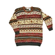 This sweater has the perfect mix of quirky, cozy, and festive vibes! Whether you're looking to embrace the "ugly Christmas sweater" tradition or want a timeless, classic winter look, this vintage knit is a must-have. DETAILS:  Size: Women's Size Small  Condition: Excellent vintage condition with no noticeable flaws Material: 50% acrylic, 28% rayon, 15% wool, 7% other fibers Colors: Rich tones of red, green, brown, and cream with classic Fair Isle and holiday-inspired designs Style: Unisex, oversized fit - perfect for layering over your favorite festive outfit Era: 1980s-1990s vintage MEASUREMENTS (taken lying flat):  Shoulders: 21" Chest 22.5" Length: 29" Retro Knitted Sweater For Fall, Retro Knitted Sweater For Winter, Festive Knit Sweater For Fall, Winter Retro Jacquard Knit Tops, Retro Jacquard Knit Winter Tops, Vintage Red Sweater For Winter, Red Vintage Sweater For Winter, Retro Long Sleeve Christmas Sweater, Retro Brown Top For Winter