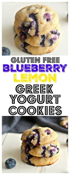 blueberry lemon greek yogurt cookies are stacked on top of each other with the words gluten free blueberry lemon greek yogurt cookies