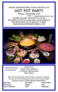 a flyer for a hot pot party with pictures of food and drinks on the table