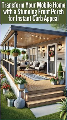 an advertisement for a mobile home with the text transform your mobile home with a stunning front porch for instant curb appeal