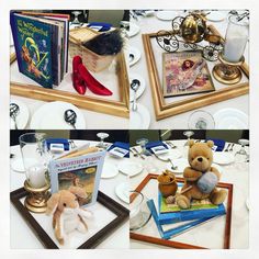 there are two pictures of stuffed animals and books on the table with other items in front of them