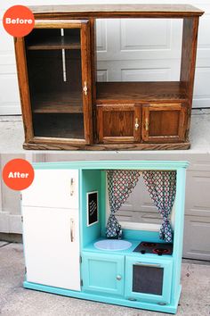 the before and after pictures show how to make a doll house out of an old cabinet