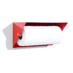 a roll of toilet paper sitting in a red box on top of a white wall