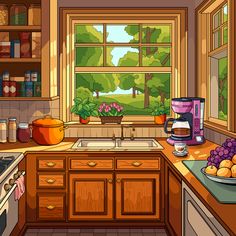 a kitchen scene with the window open and fruit on the counter