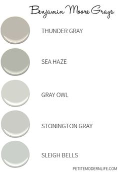 the different shades of gray paint on white background with text that reads, behrman more gray thunder gray sea haze gray owl