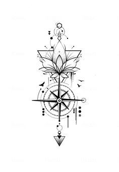 a black and white drawing of a compass with feathers on it's head, surrounded by other symbols