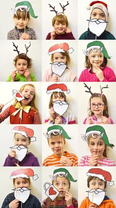 a collage of photos showing children making christmas hats and holding up paper heart shapes