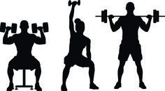 three silhouettes of men doing different exercises with dumbbells, one lifting the barbell