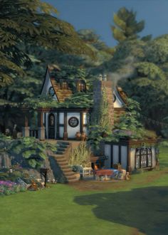 Recreation of a popular drawing design in the Sims 4. It has 2 bedrooms and a potion room for the witch/wizard that lives there. Available on the gallery under ID: anna_simsbuilds ✨ Creative Sims 4 House, Magical House Design, Witchy Sims House, Sims Wizard House, Sims Mountain House, Sims 4 Cordelia's Secret Cottage, Witch House Layout, Sims 4 Witches House, Sims Fairy House