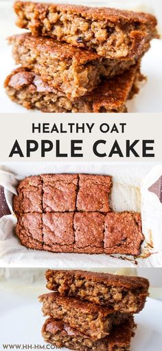 healthy oat apple cake recipe on a white plate with text overlay that reads healthy oat apple cake