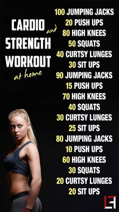 the cardio and strength workout at home is shown in this image, with text overlay