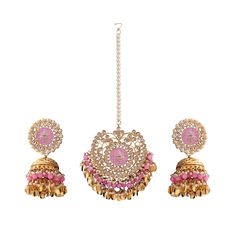 "INDIAN KUNDAN EARRINGS | Bollywood Bridal Wedding Gold Plated Pearls styleish Jewelry Set For Women,meenakari  Kundan Earrings Tikka Set This product is handmade & hence the product can be non-uniform & vary in color & texture. Color : PINK Gorgeous  Meena Kundan Gold Plated Earrings jewelry Set Earrings Size  = 4\" X 3\" (L X W) EXPEDITED DELIVERY (Chargeable) : Delivered 3 to 4 working days STANDARD DELIVERY (Free) : Delivered 8 to 10 working days" Eid Jewelry Sets With Chandbali Latkans, Eid Jewelry Sets With Latkans And Chandbali Shape, Festive Chandbali Bridal Sets For Eid, Kundan Jewelry Sets With Chandbali Earrings, Round Kundan Earrings With Zari Work, Kundan Earrings With Zari Work, Temple Jewelry Earrings With Zari Work For Eid, Traditional Wedding Danglers For Eid, Zari Work Earrings For Wedding And Festivals